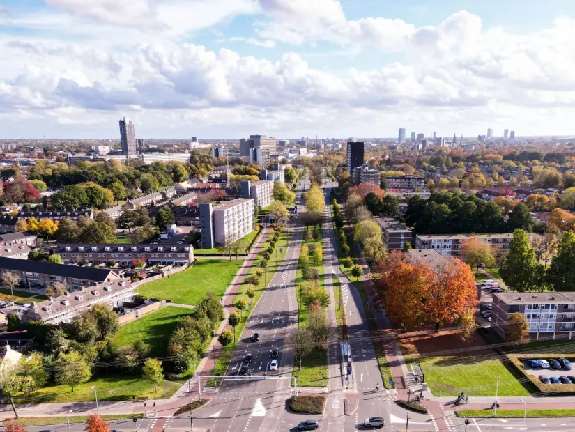 Birden fazla bina ve ağacın yer aldığı canlı Eindhoven şehir manzarasının havadan görünümü