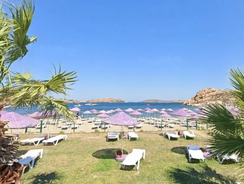 Eski Foça Karakum Plajı güneşli günde şezlonglar ve dinlenen insanlar