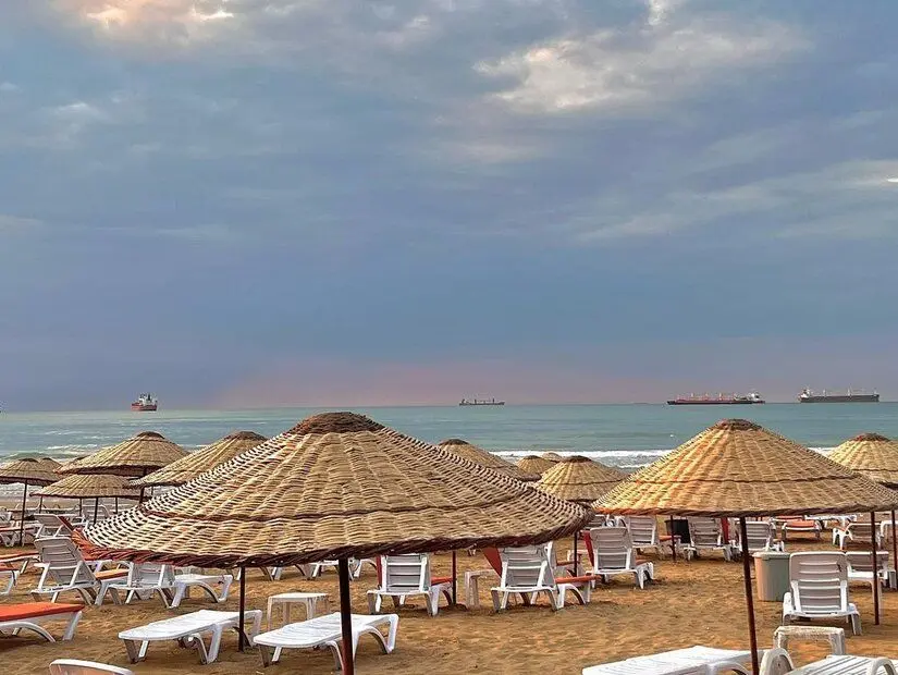 goga beach şezlong ve şemsiye ile kumsalın görünümü