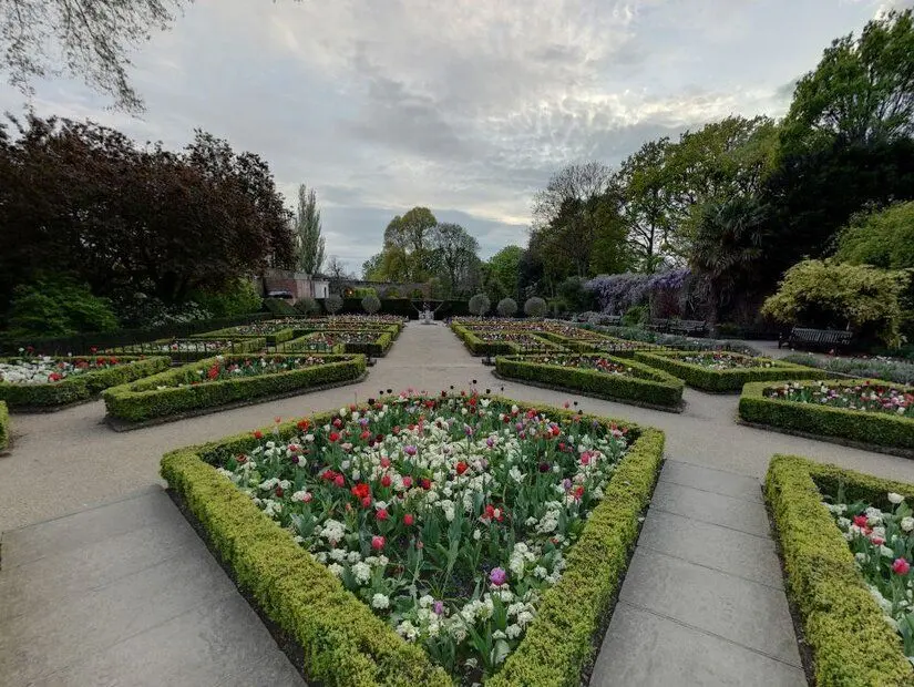 Holland Park, renkli çiçekler ve çevreleyen ağaçlar