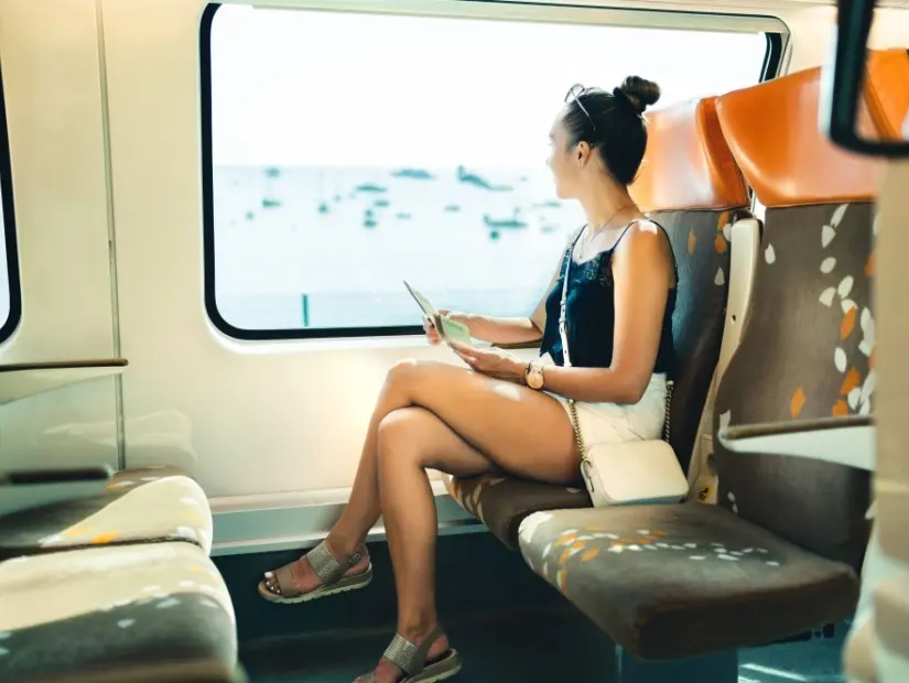 Yaz aylarında tren yolculuğu. Avrupa'da demiryolu gezisinde genç kadın