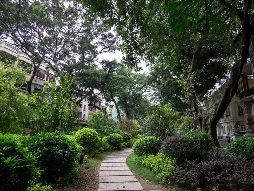 Liwan bölgesi yakınlarındaki Guangzhou Çin'deki Shamian Adası eski sömürge mimarileri.
