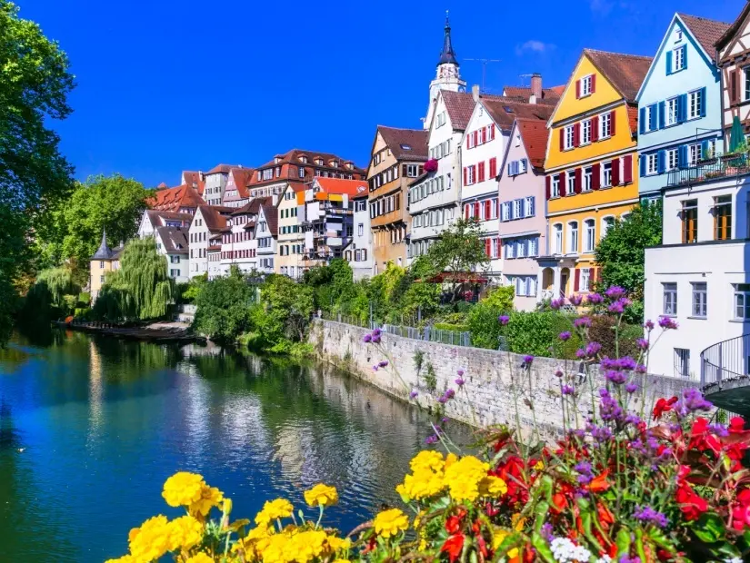 En renkli kasabalar çiçeklerle süslenmiş geleneksel Tübingen kasabası